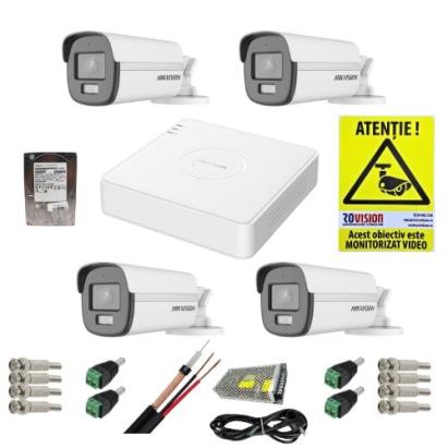 Sistem supraveghere complet Hikvision 4 camere 2MP Dual Light IR 40m Lumina Alba 40m ColorVu Microfon, DVR 4 canale 2MP, accesorii, HDD 1TB + CADOU autocolant Rovision SafetyGuard Surveillance