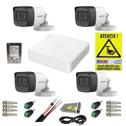 Kit supraveghere complet Hikvision 4 camere 5MP IR 30M Audio, DVR 4 canale 8MP AcuSense, accesorii, HDD 1TB + CADOU Autocolant Rovision SafetyGuard Surveillance