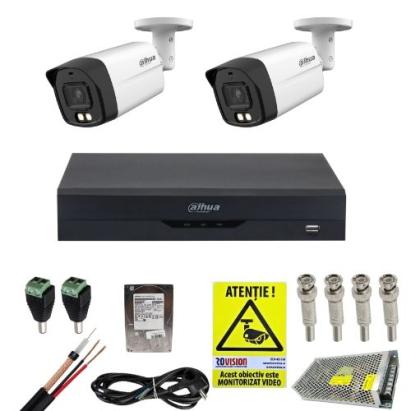 Kit supraveghere complet Dahua 2 camere 2MP Dual Light 40m Microfon, DVR 4 canale 5MP WizSense, accesorii, HDD + Cadou Autocolant Rovision SafetyGuard Surveillance