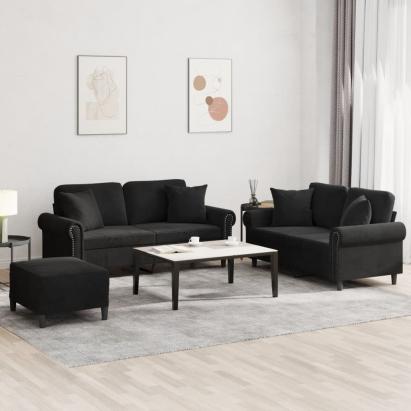 Set de canapele cu perne, 3 piese, negru, catifea GartenMobel Dekor