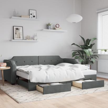 Pat de zi cu extensie și sertare, gri închis, 90x190cm, textil GartenMobel Dekor