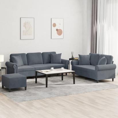 Set canapea cu perne, 3 piese, gri închis, catifea GartenMobel Dekor