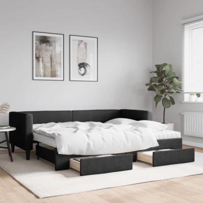 Pat de zi cu extensie și sertare, negru, 80x200 cm, textil GartenMobel Dekor