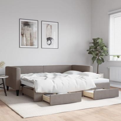 Pat de zi cu extensie și sertare, gri taupe, 90x200 cm, textil GartenMobel Dekor