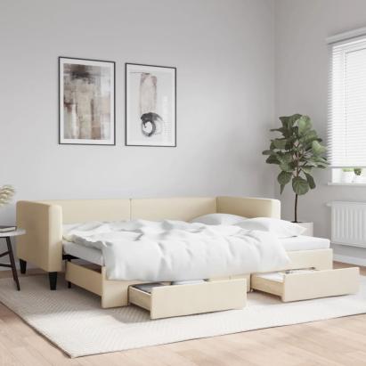 Pat de zi cu extensie și sertare, crem, 90x200 cm, textil GartenMobel Dekor