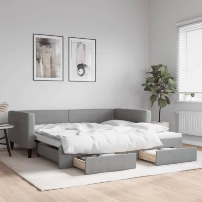 Pat de zi cu extensie și sertare, gri deschis 100x200 cm textil GartenMobel Dekor