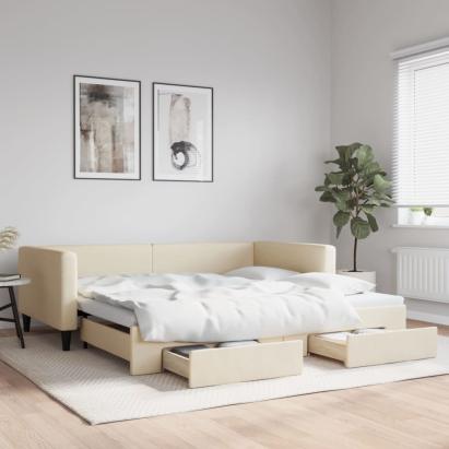 Pat de zi cu extensie și sertare, crem, 100x200 cm, textil GartenMobel Dekor