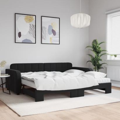 Pat de zi cu extensie și saltele, negru, 90x190 cm, catifea GartenMobel Dekor