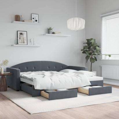 Pat de zi cu extensie și sertare, gri închis, 90x190cm catifea GartenMobel Dekor