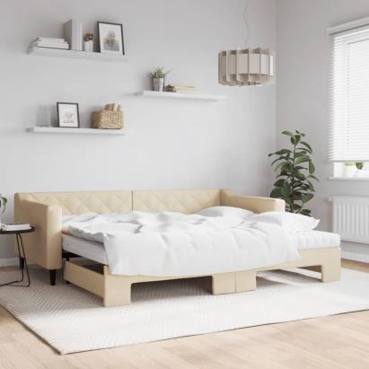 Pat de zi cu extensie și saltele, crem, 90x200 cm, textil GartenMobel Dekor
