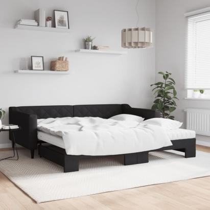 Pat de zi cu extensie și saltele, negru, 100x200 cm, textil GartenMobel Dekor