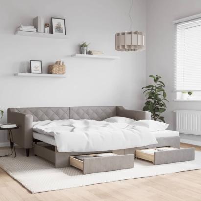 Pat de zi cu extensie și sertare, gri taupe, 90x200 cm, textil GartenMobel Dekor