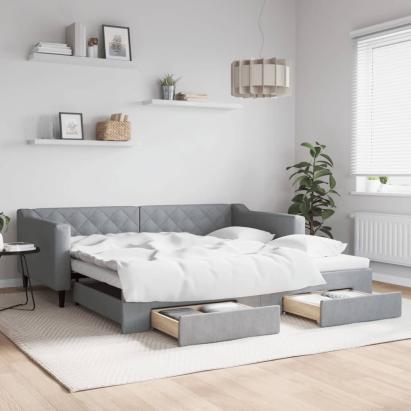 Pat de zi cu extensie și sertare, gri deschis 100x200 cm textil GartenMobel Dekor