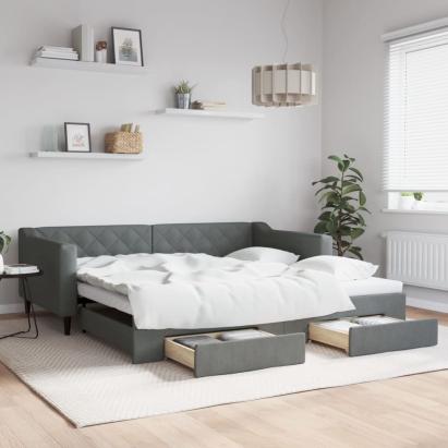 Pat de zi cu extensie și sertare, gri închis, 100x200 cm textil GartenMobel Dekor