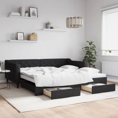 Pat de zi cu extensie și sertare, negru, 100x200 cm, textil GartenMobel Dekor