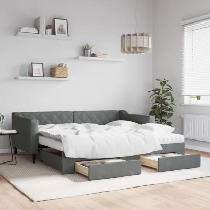 Pat de zi cu extensie și sertare, gri închis, 90x190cm, textil GartenMobel Dekor