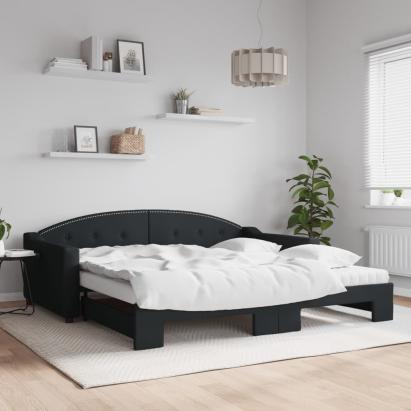 Pat de zi cu extensie și saltele, negru, 100x200 cm, textil GartenMobel Dekor