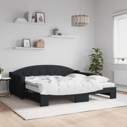Pat de zi cu extensie și saltele, negru, 90x190 cm, textil GartenMobel Dekor