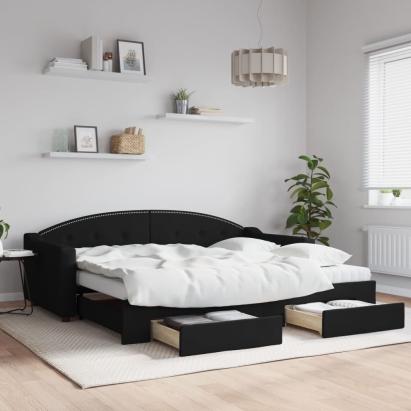 Pat de zi cu extensie și sertare, negru, 90x200 cm, textil GartenMobel Dekor