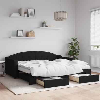 Pat de zi cu extensie și sertare, negru, 90x190cm, textil GartenMobel Dekor