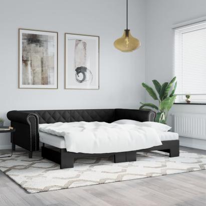 Pat de zi cu extensie, negru, 90x200 cm, piele ecologică GartenMobel Dekor