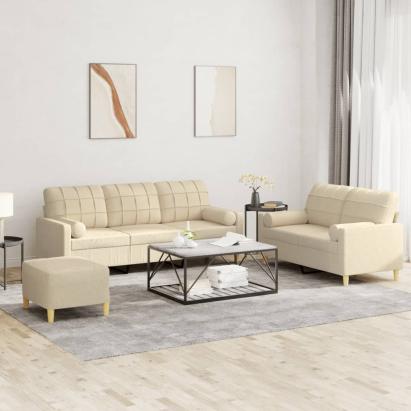 Set de canapele cu perne, 3 piese, crem, textil GartenMobel Dekor