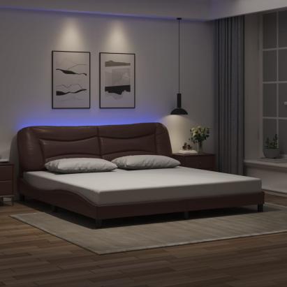 Cadru de pat cu lumini LED, maro, 200x200 cm, piele ecologică GartenMobel Dekor