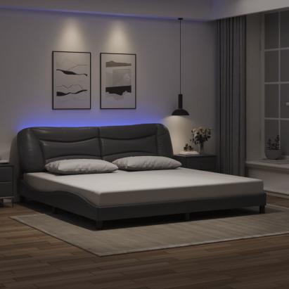 Cadru de pat cu lumini LED, gri, 200x200 cm, piele ecologică GartenMobel Dekor