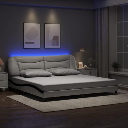 Cadru de pat cu lumini LED alb/negru 200x200 cm piele ecologică GartenMobel Dekor