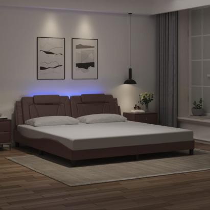 Cadru de pat cu lumini LED, maro, 200x200 cm, piele ecologică GartenMobel Dekor