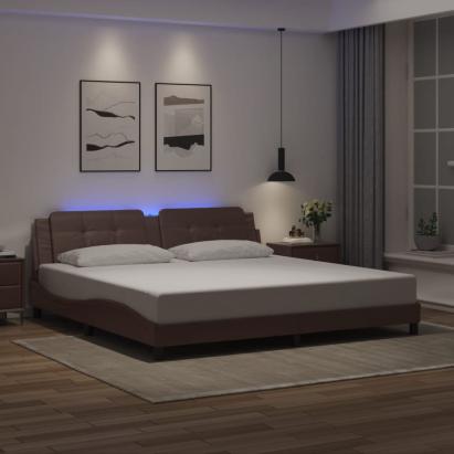 Cadru de pat cu lumini LED, maro, 200x200 cm, piele ecologică GartenMobel Dekor