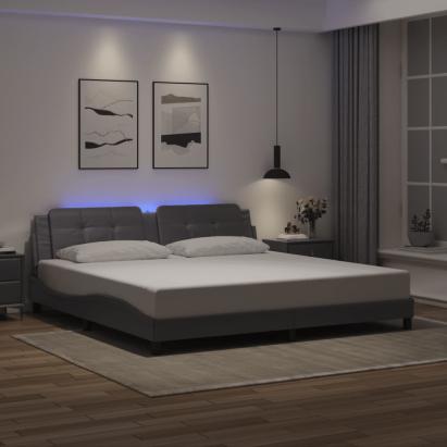 Cadru de pat cu lumini LED, gri, 200x200 cm, piele ecologică GartenMobel Dekor