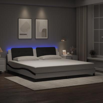 Cadru de pat cu lumini LED alb/negru 200x200 cm piele ecologică GartenMobel Dekor