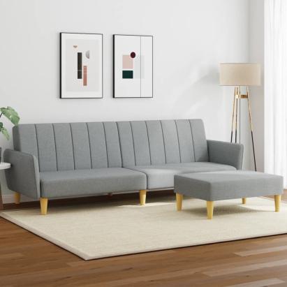 Canapea extensibilă cu taburet, 2 locuri, gri deschis, textil GartenMobel Dekor