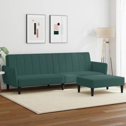Canapea extensibilă cu taburet, 2 locuri, verde închis, catifea GartenMobel Dekor
