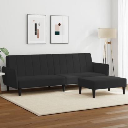 Canapea extensibilă cu taburet, 2 locuri, negru, catifea GartenMobel Dekor