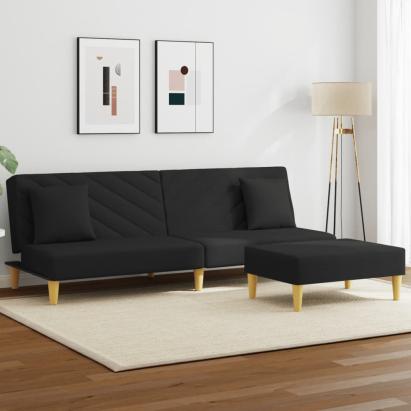 Canapea extensibilă cu pernuță și taburet 2locuri negru textil GartenMobel Dekor