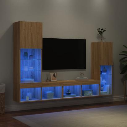 Unități de perete TV cu LED-uri, 4 piese, stejar sonoma, lemn GartenMobel Dekor