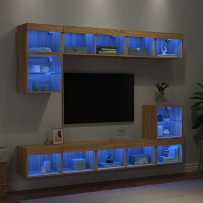 Unități de perete TV cu LED-uri, 8 piese, stejar sonoma, lemn GartenMobel Dekor