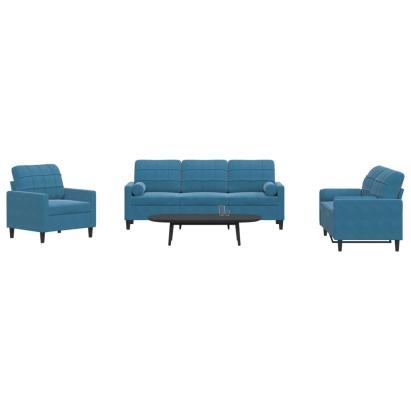 Set de canapele cu perne/rulouri, 3 piese, albastru, catifea GartenMobel Dekor