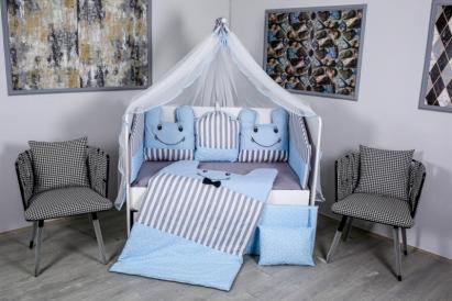 Lenjerie MyKids 11piese Figures gri-albastru cu  baldachin 120x60 cm GreatGoods Plaything