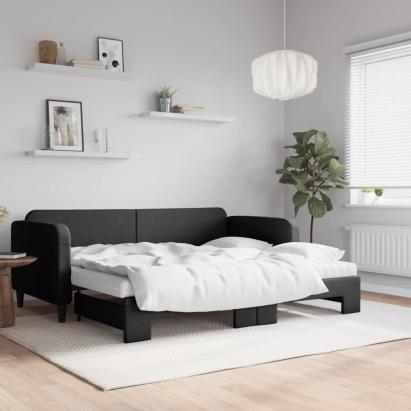 Pat de zi cu extensie și saltele, negru, 90x200 cm, textil GartenMobel Dekor