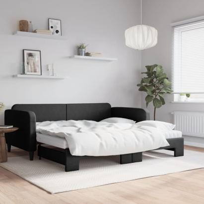 Pat de zi cu extensie și saltele, negru, 100x200 cm, textil GartenMobel Dekor