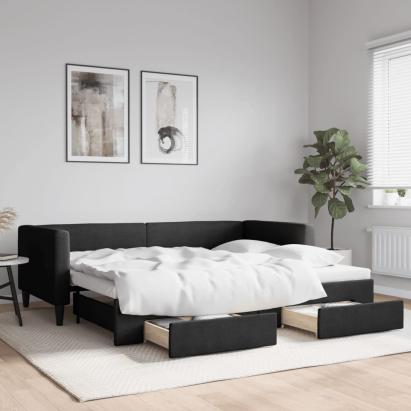 Pat de zi cu extensie și sertare, negru, 90x190cm, textil GartenMobel Dekor