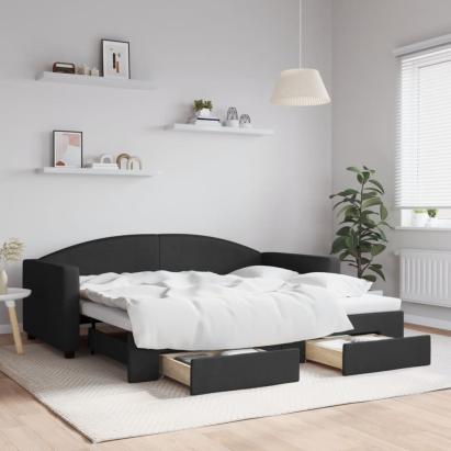 Pat de zi cu extensie și sertare, negru, 90x190cm, textil GartenMobel Dekor