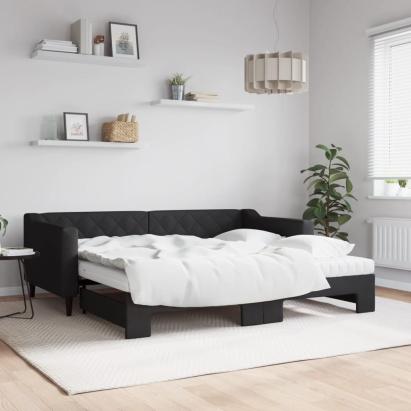 Pat de zi cu extensie și saltele, negru, 90x190 cm, textil GartenMobel Dekor