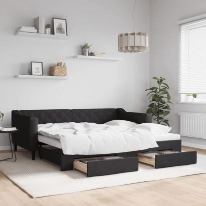 Pat de zi cu extensie și sertare, negru, 90x190cm, textil GartenMobel Dekor