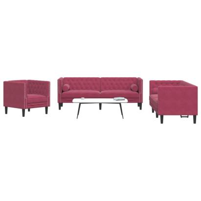 Set canapele Chesterfield perne rulou 3 piese roșu vin catifea GartenMobel Dekor