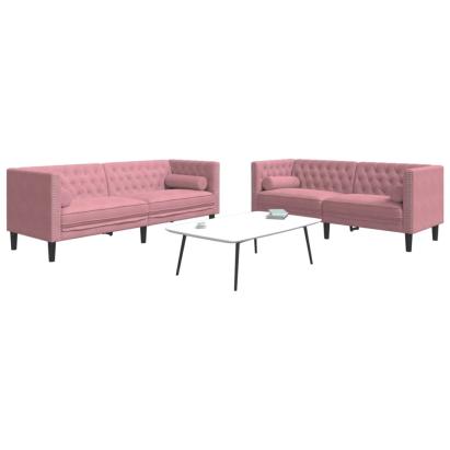 Set canapele Chesterfield cu perne rulou, 2 piese, roz, catifea GartenMobel Dekor