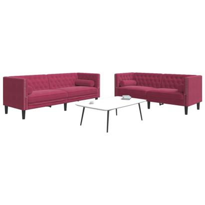 Set canapele Chesterfield perne rulou 2 piese roșu vin catifea GartenMobel Dekor